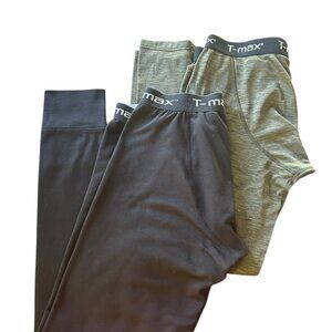 T-Max Mens Merino Wool Base Layer Pants x 2 Green Black Sz L Elastic Waist